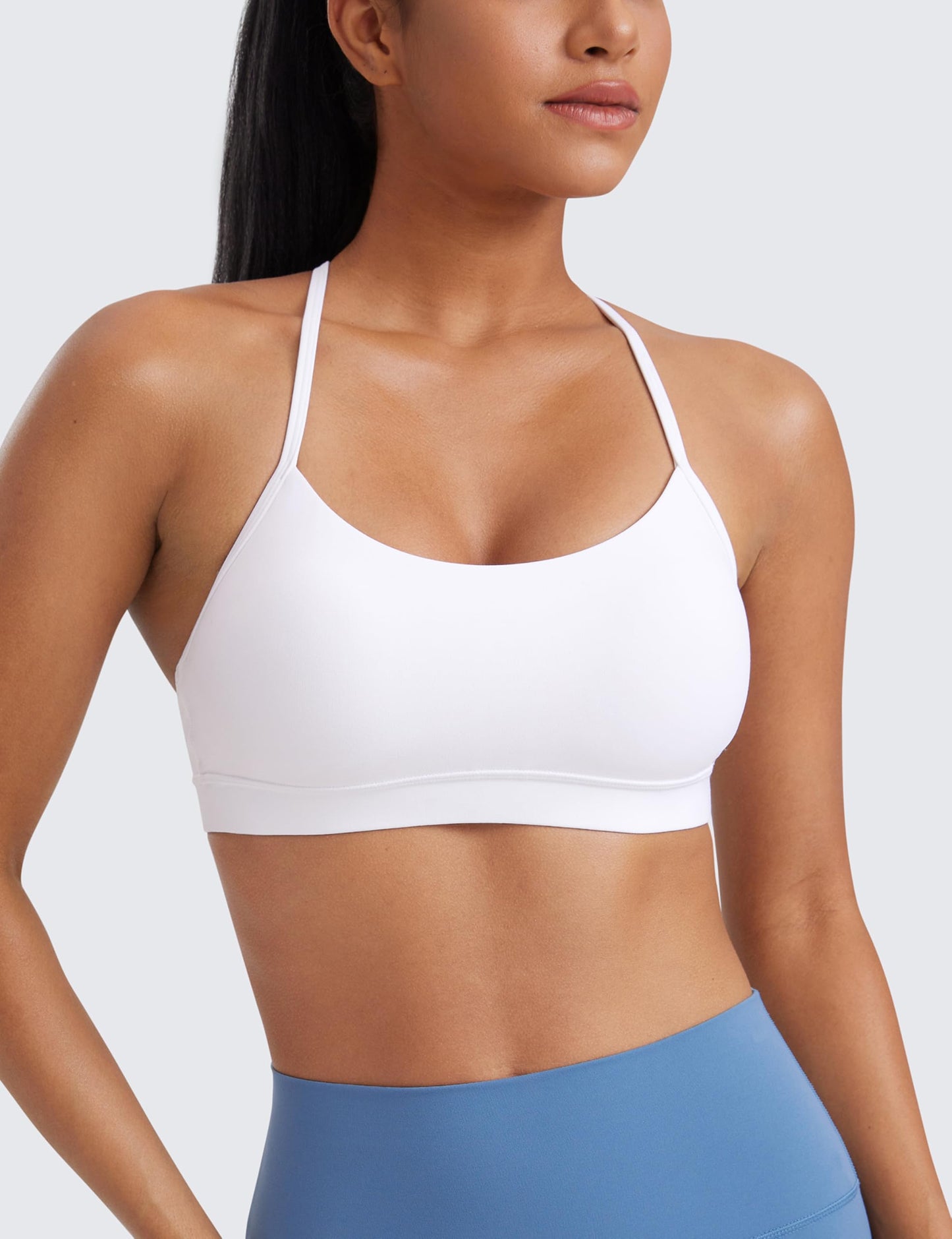 CRZ YOGA Butterluxe Y Back Sports Bras for Women - Padded Racerback Low Impact Spaghetti Thin Strap Workout Yoga Top White Medium