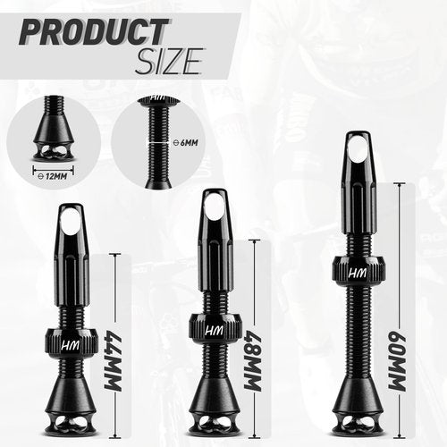 HAKULA MATATA Tubeless Presta Valve Stem 48 mm, Super Light Alloy Tubeless Tire Valve Stems with Caps Integrated Core Removal Tool, Fits Most MTB Mountain Bikes Rims, Pair, Black