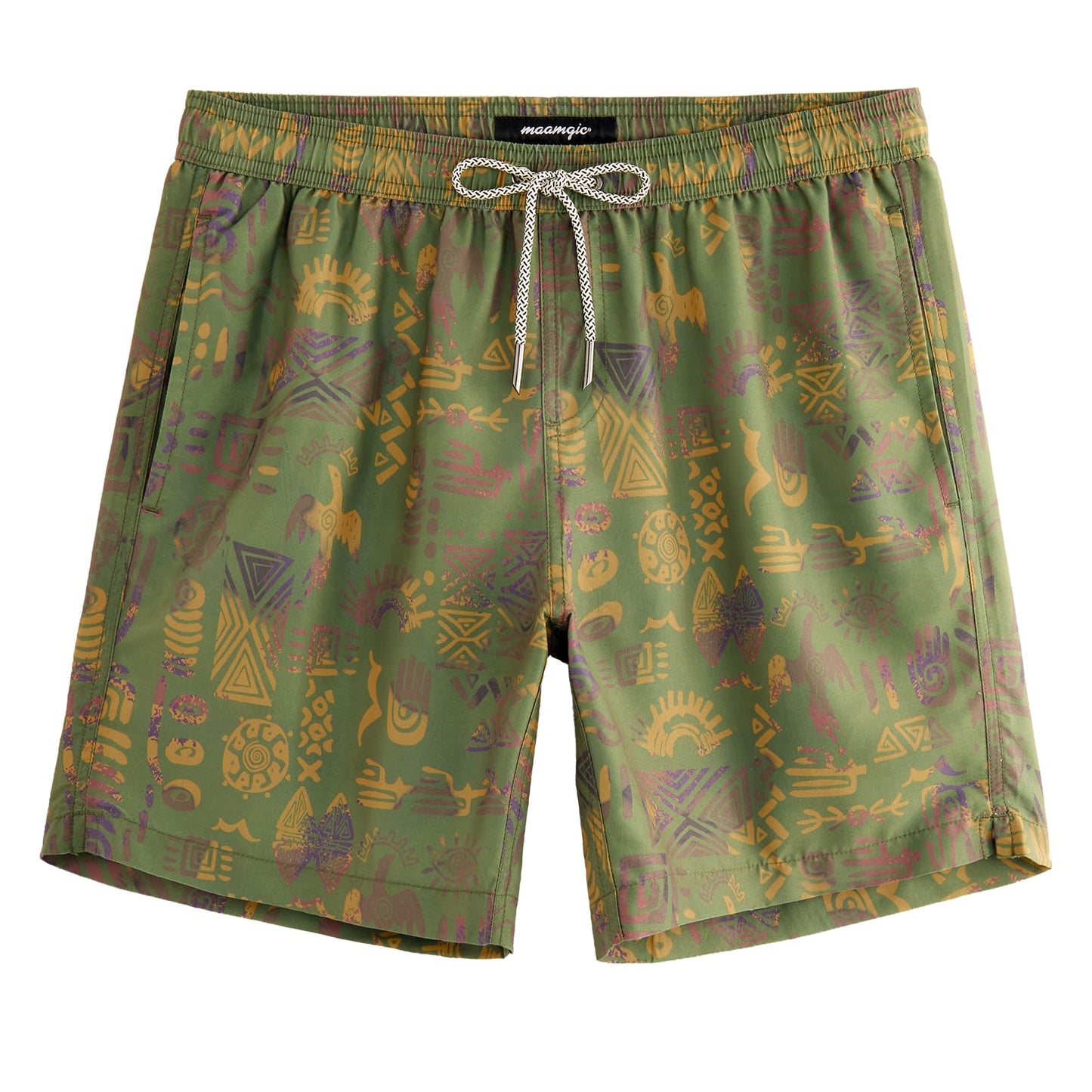 maamgic Mens Swim Trunks Quick Dry Swim Shorts with Mesh Lining Funny Swimwear Bathing Suits 7inch Folk Patterns Green XX-Large