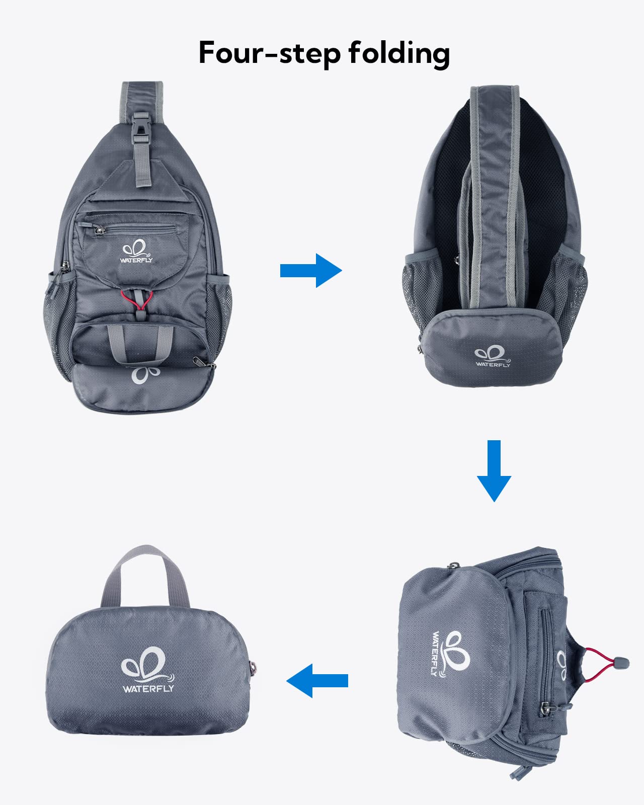WATERFLY Packable Small Crossbody Sling Backpack Shoulder Chest Bag Daypack for Hiking Traveling Grey