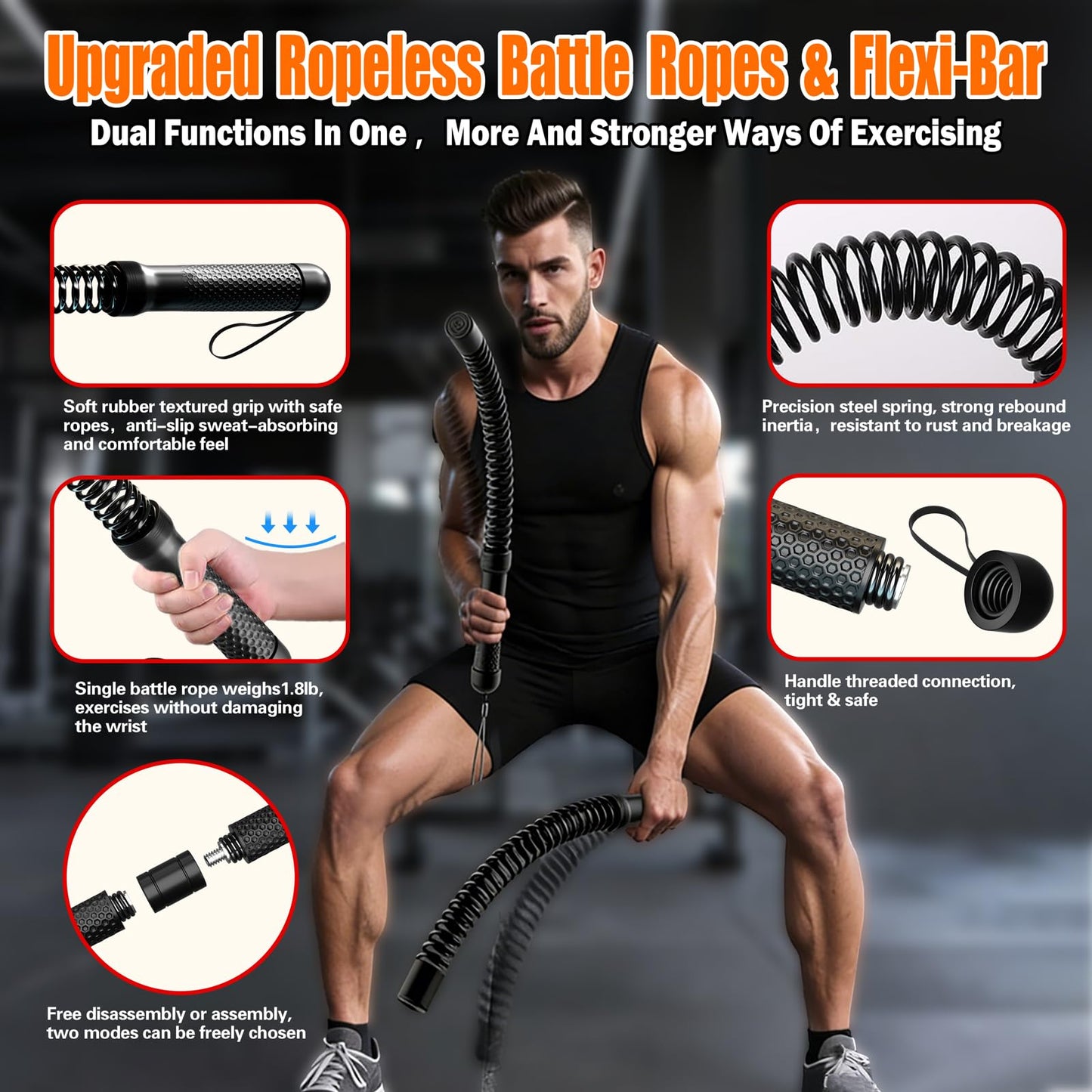2 in 1 Weighted Ropeless Battle Ropes, Portable Cordless Battle Ropes for Home Gym, Heavy Duty Workout Exercise Rope for Strength Training & HIIT, Fitness Equipment for Men & Women