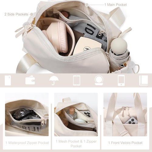 Bucosd Small Gym Bag for Women, Mini Crossbody Gym Duffle Bag with Wet Compartment, Carry on Gym Tote Bag for Workout Dance Sport Travel (Mini-Beige)