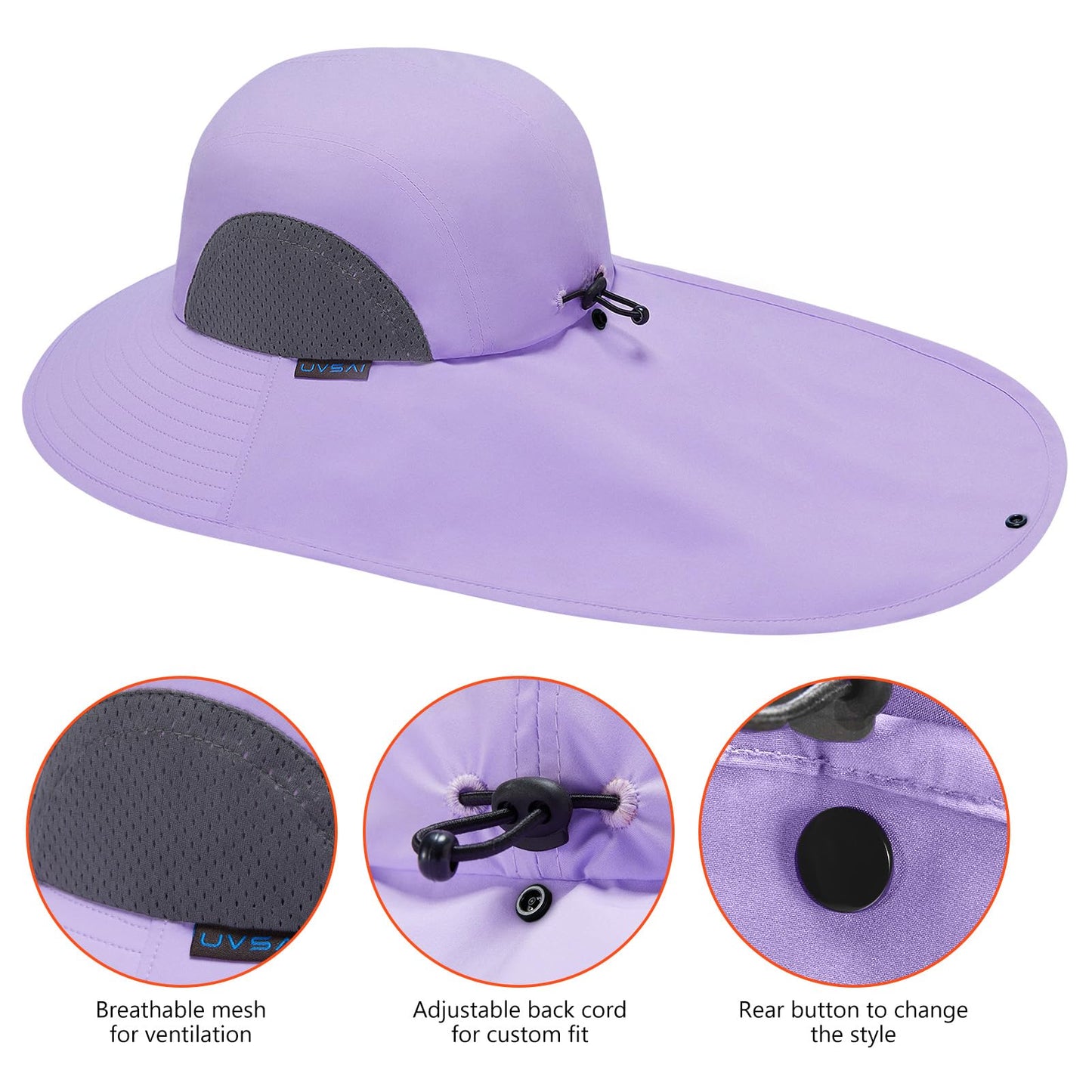 UVSAI UPF 50+ Foldable Sun Hats Wide Brim with Large Neck Flap for Men Women UV Protection Gardening Fishing Beach Hat Pale Lavender