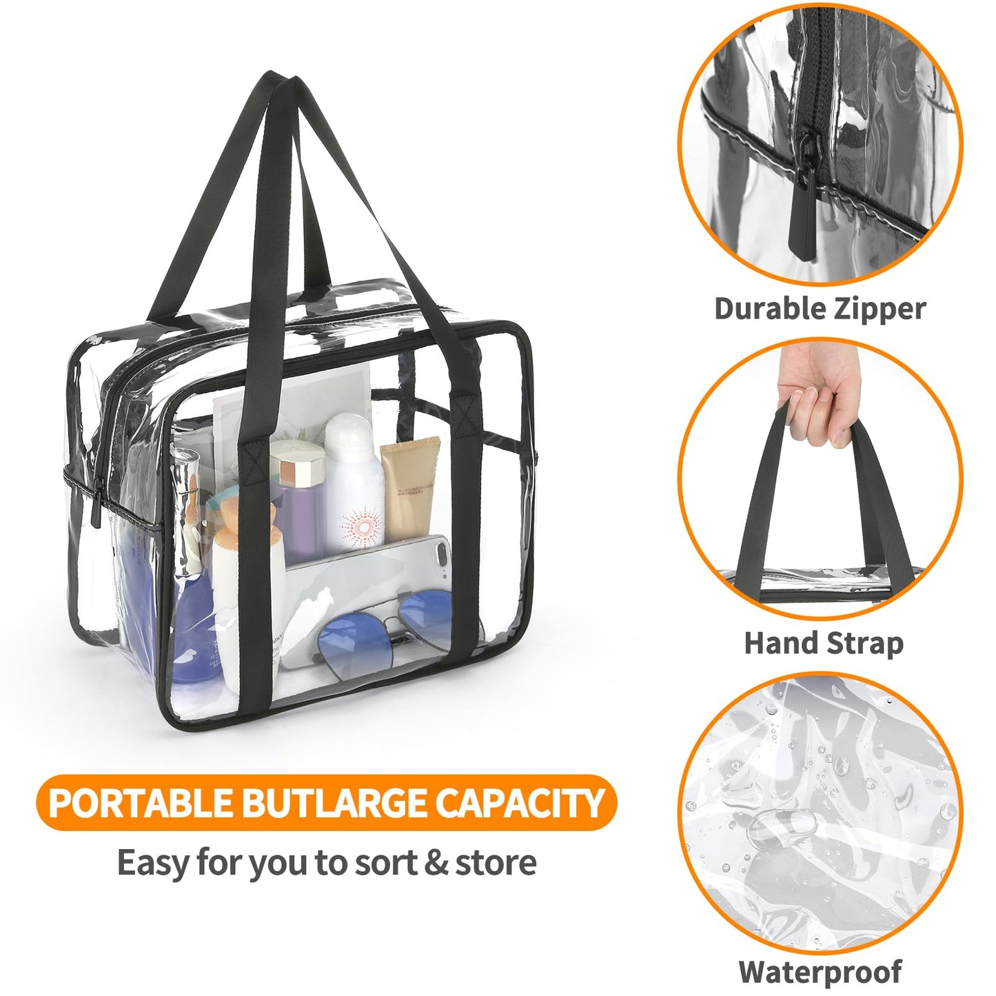 HAOGUAGUA Extra Large Clear Cosmetic Makeup Bag, Transparent PVC Tote Shoulder Bag Stadium Approved, Waterproof Clear Toiletry Carry Pouch Makeup Artist Bag Diaper Bag (Black)
