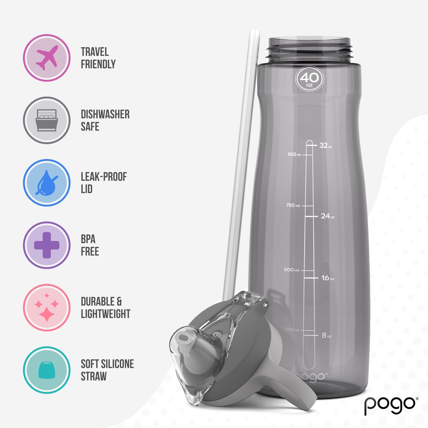 Pogo BPA-Free Tritan Plastic Water Bottle with Soft Straw, 40 Oz, Grey