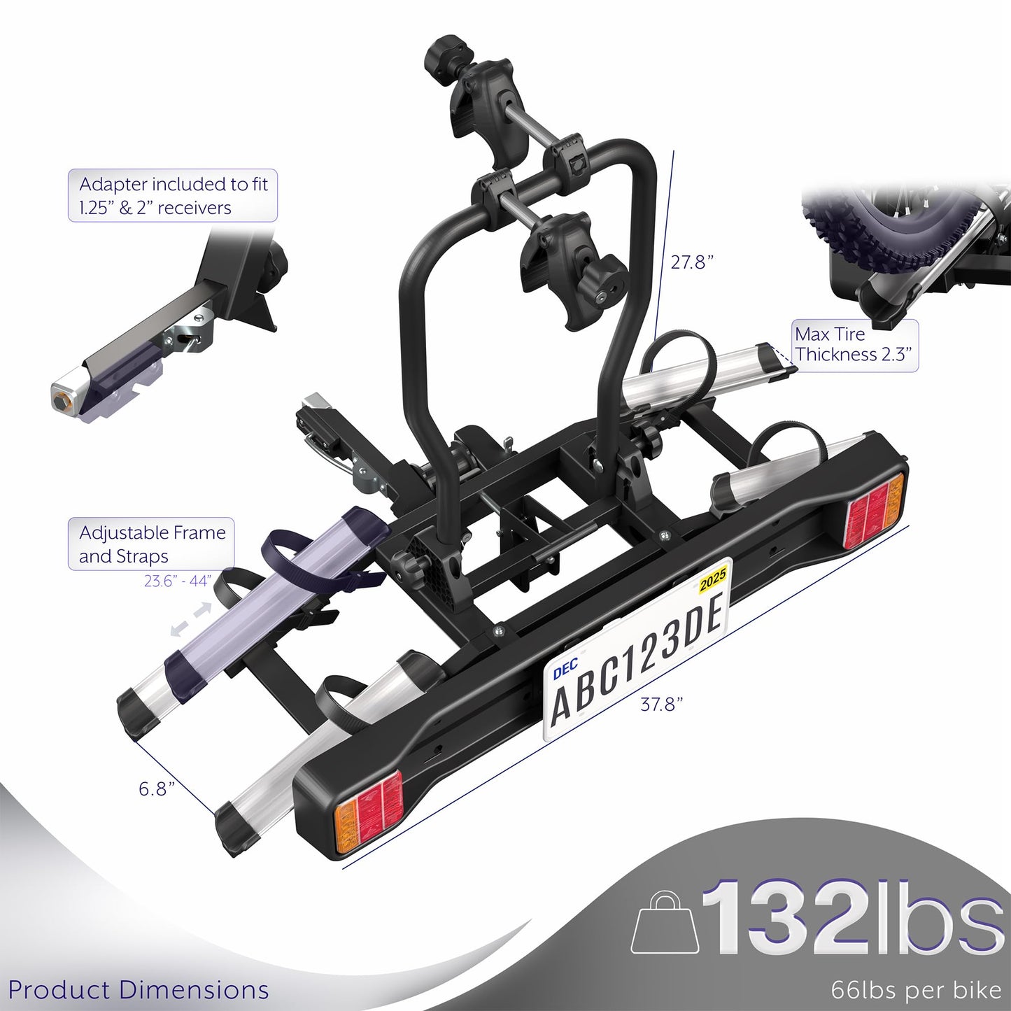 Life Finds 2-Hitch Bike Rack with Taillights and License Plate Holder, Adjustable Folding Design, Holds up to 132 lbs, LF-BR1L
