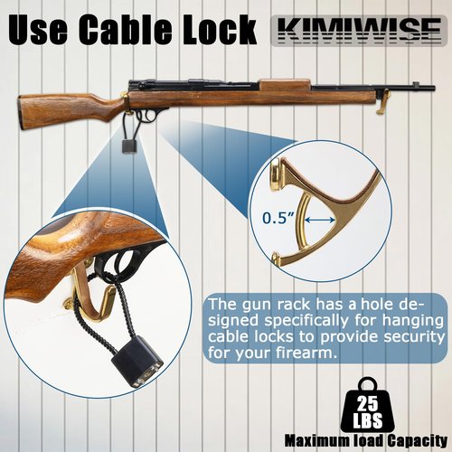 KIMIWISE Gun Rack Wall Mount with Felt Wall Horizontal Metal Heavy Duty Gun Hooks for Rifles and Shotguns Storage Security, 1 Pair(Gold)
