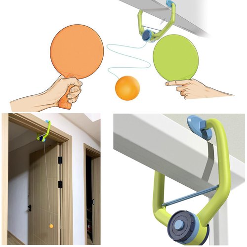 SquEqu Hanging Table Tennis Trainer with Doorway Clip Ping Pong Paddles Rackets and 6 Balls Table Tennis Training Set No Table Game for Kids Indoor Sports Door Frames Attachement Hit Shot Practice