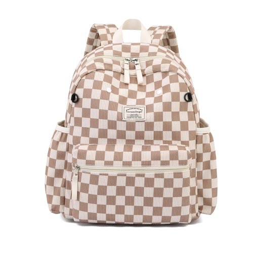 Tanweibago Corduroy Kids Backpack for Boys Girls Backpacks for Primary Elementary Kindergarten 6-10 (Checkered Brown, Medium (15" H Fit A4 Folder))