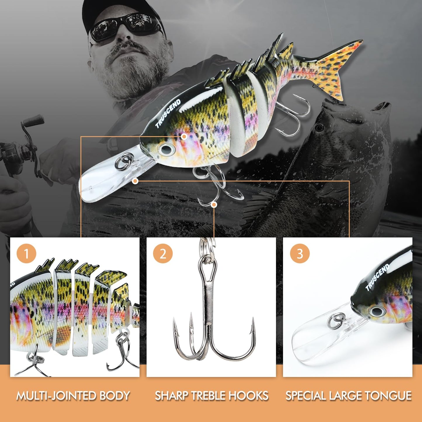 TRUSCEND Easy Catch SwimMax with BKK Hooks, Magic Noisy Wiggling and Vibrating Actions for More Bites, Lifelike Fishing Lures for Bass Trout Walleye Crappie, Strongest Dyneema Fiber Jointed Swimbaits