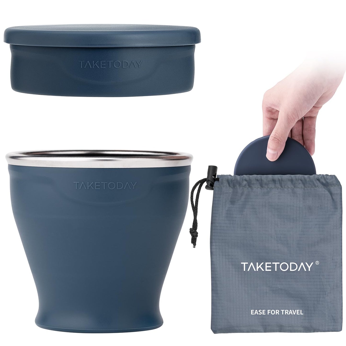 TakeToday Collapsible Travel Cup 8 Oz, Silicone Foldable Water Cup, BPA-Free with Lid & Waterproof Bag - Drinking Cup Set for Camping, Outdoors & International Travel, Navy