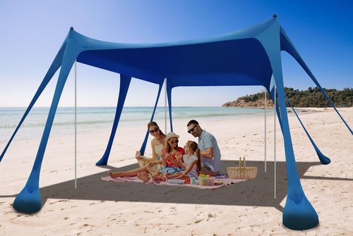 Beach Tent Sun Shelter, Camping Sun Shelter 10 x 10FT with 10 Sandbags, Sand Shovel, Ground Pegs, Stability Poles, Beach Canopy Tent Sun Shade UPF50+ Protection for Camping, Fishing, Backyard
