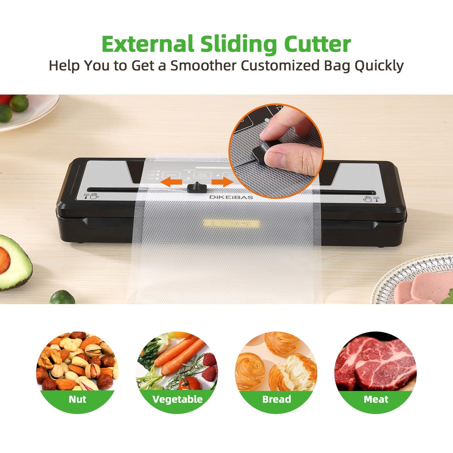DIKEIBAS Vacuum Sealer Machine | Powerful 85kPa Suction | Bags and Cutter Included | Compact One-Touch Automatic Food Sealer with External Vacuum System | Preserve Freshness, Prevent Freezer Burn
