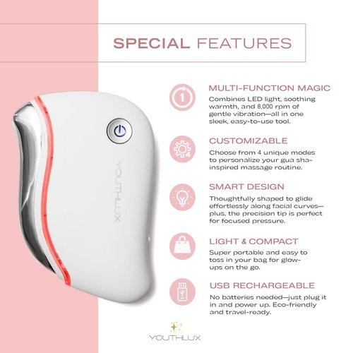 YOUTHLUX ProSculpt Heated Gua Sha Facial Massager – Electric Guasha Tool for Face Sculpting, Relaxation & Skincare | Soothing Vibration Facial Massage Tool with Contoured Design (White)