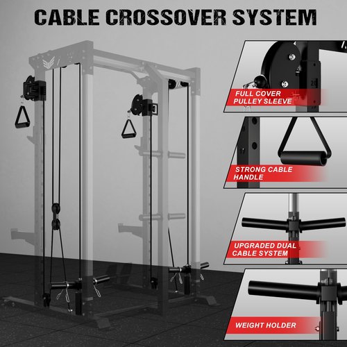 JELENS Power Cage, 2000LBS Multi-Function C21 Power Rack with Dual Pulley Cable Crossover System, All-in-One Squat Rack with More Training Attachments