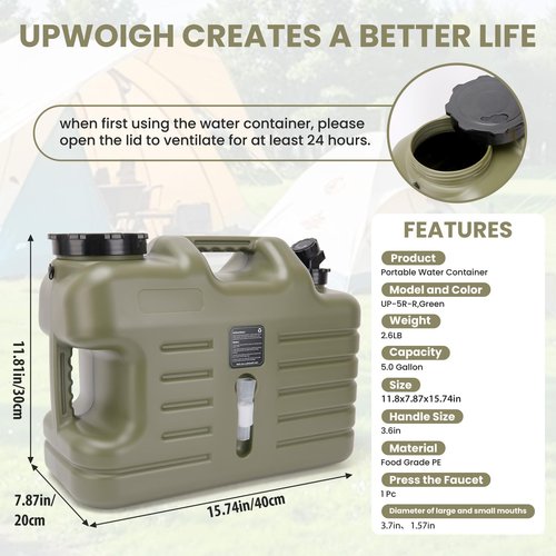 5 Gallon Camping Water Jug,Camping Water Container with Spigot,BPA-Free Military Green Portable Emergency Water Tank for RV Camp, Hiking, Outdoor Adventures & Disaster Preparedness