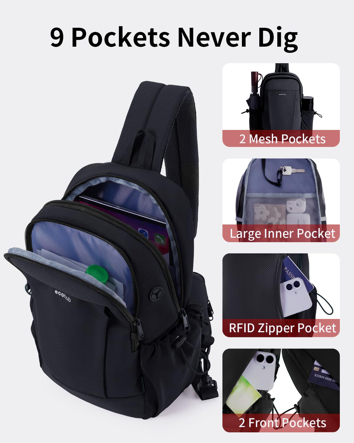 ECOHUB Anti-Theft Crossbody Bag Men Women, RFID Blocking Lightweight Sling Backpack Eco-Friendly with 9 Pockets Sturdy SBS Zippers Water Resistant for Travel Work Hiking Outdoor, Black