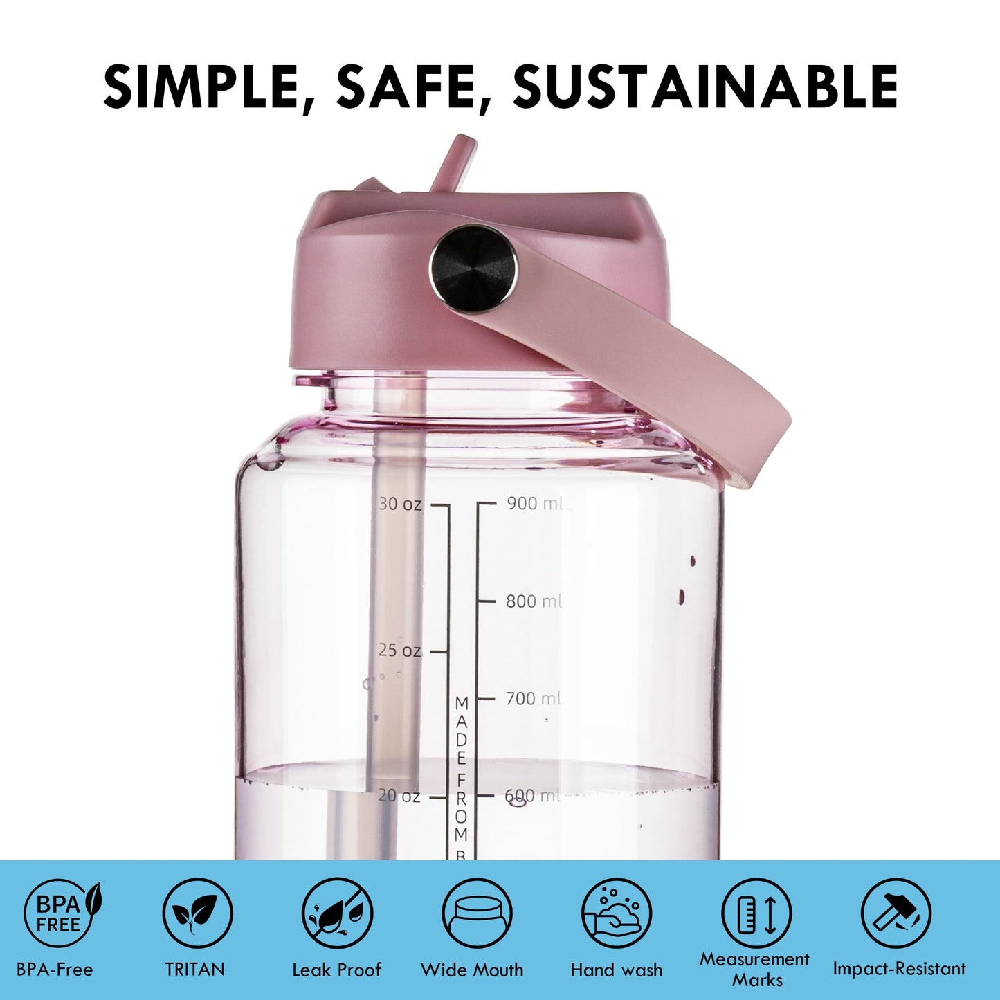 OLDLEY 32oz Water Bottle with Straw, Leakproof Tritan Clear Bottle with Marked Bottle and Carry Handle, BPA-Free Wide Mouth Reusable Sports Water Bottle for Gym,Hiking,Camping,Travel,Workout,Pink