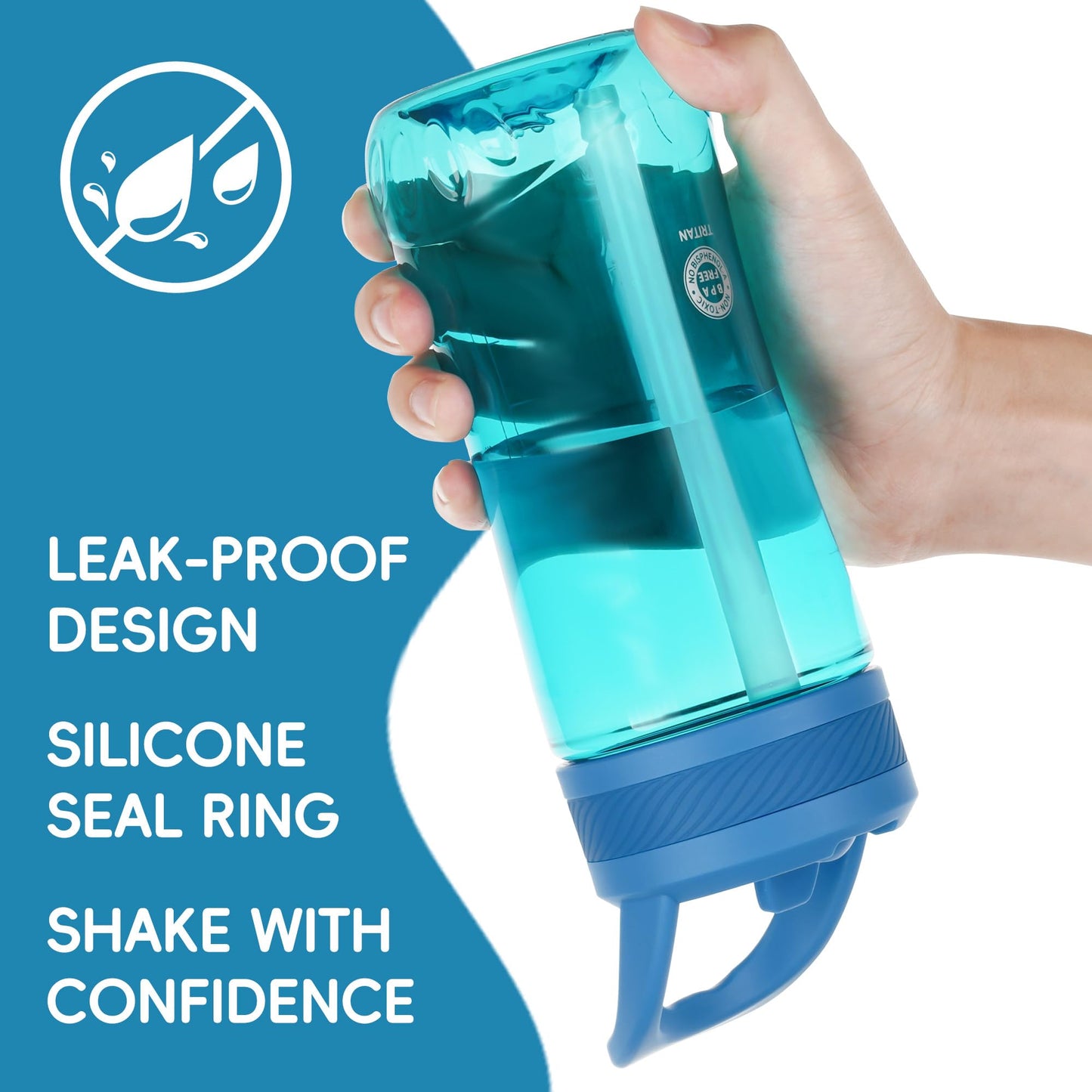 Edmyre 14oz Clear Kids Water Bottle with Straw Lid, BPA-Free Tritan, Measurement Scale, Sturdy Handle Wide Mouth Leak-proof Reusable Plastic Bottle for Boy& Girls, Back to School(Blue)