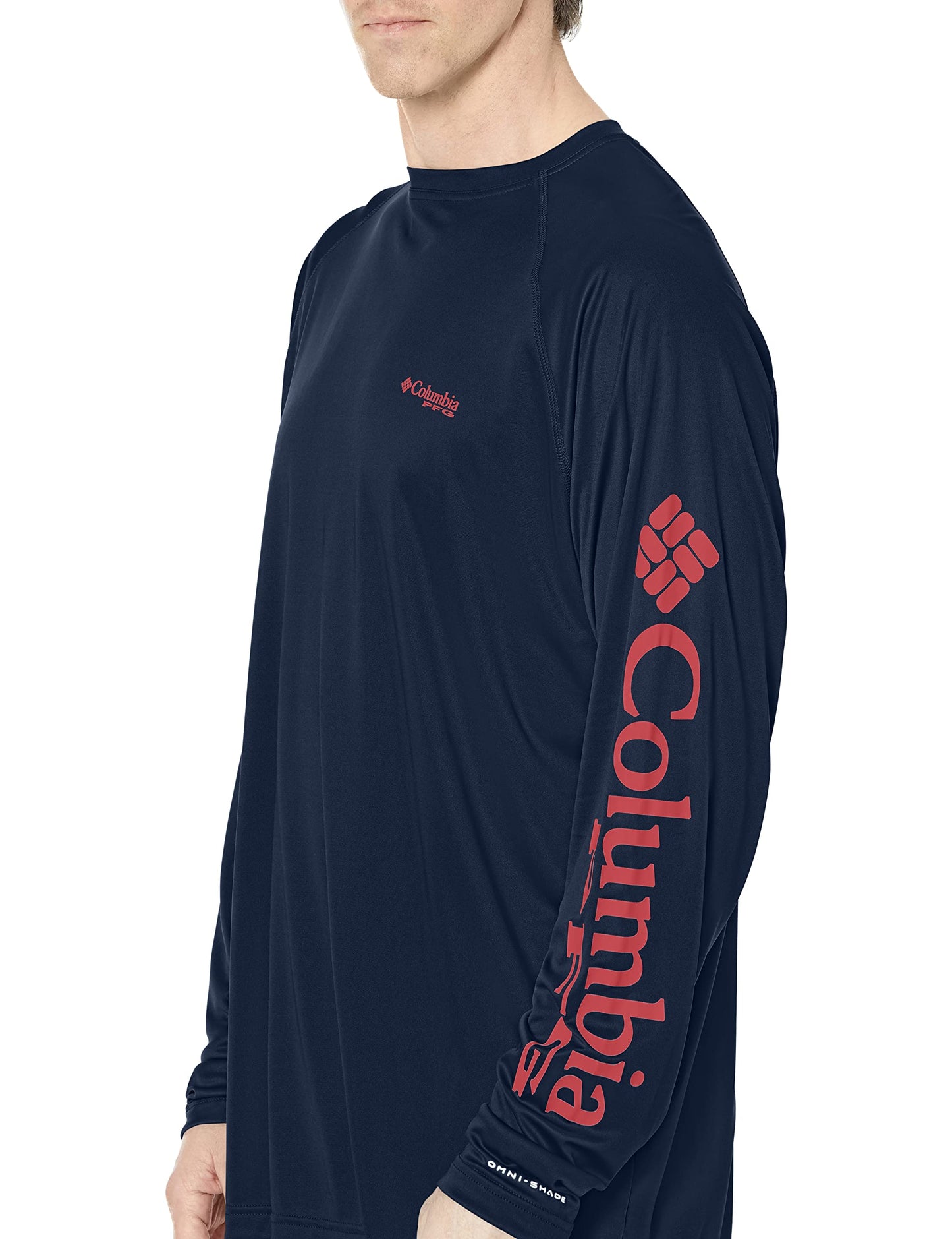 Columbia Men's PFG Terminal Tackle Long Sleeve Fishing Shirt, Collegiate Navy/Sunset Red Logo, 6X