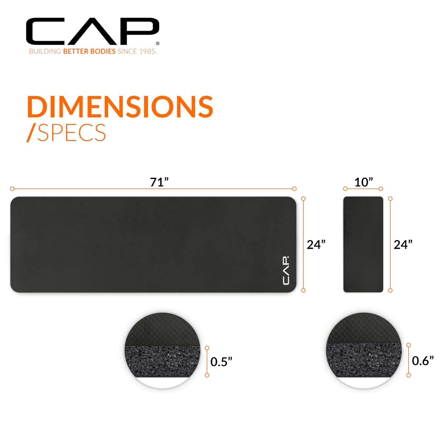 CAP Barbell High Density Exercise Yoga Mat with strap and Knee Pad 71"x24"x1/2" BLACK