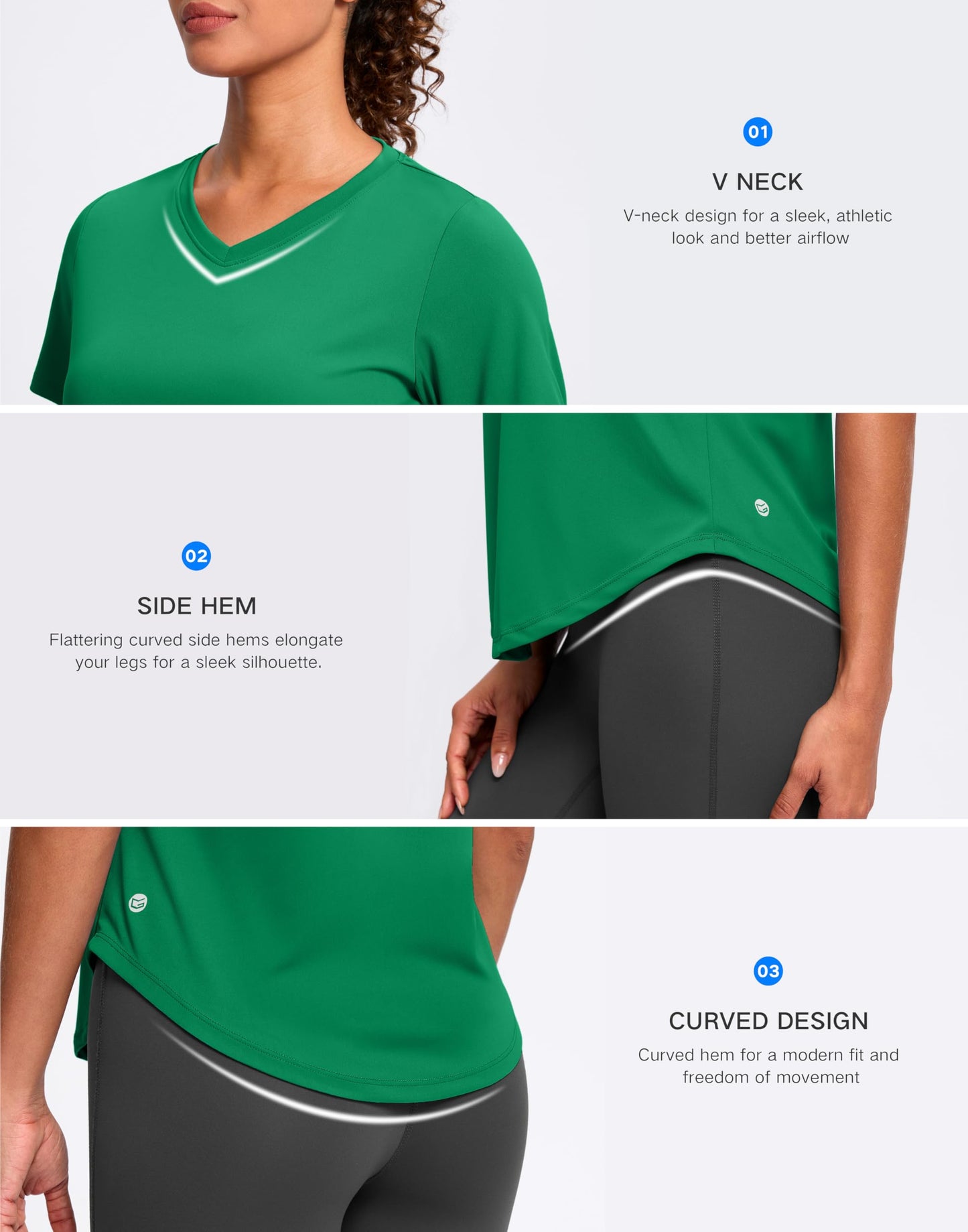 Womens Workout Shirts V-Neck Short Sleeve UPF 50+ Sun Shirt Moisture Wicking Dry Fit Top for Gym, Running, Athletic (Green, L)