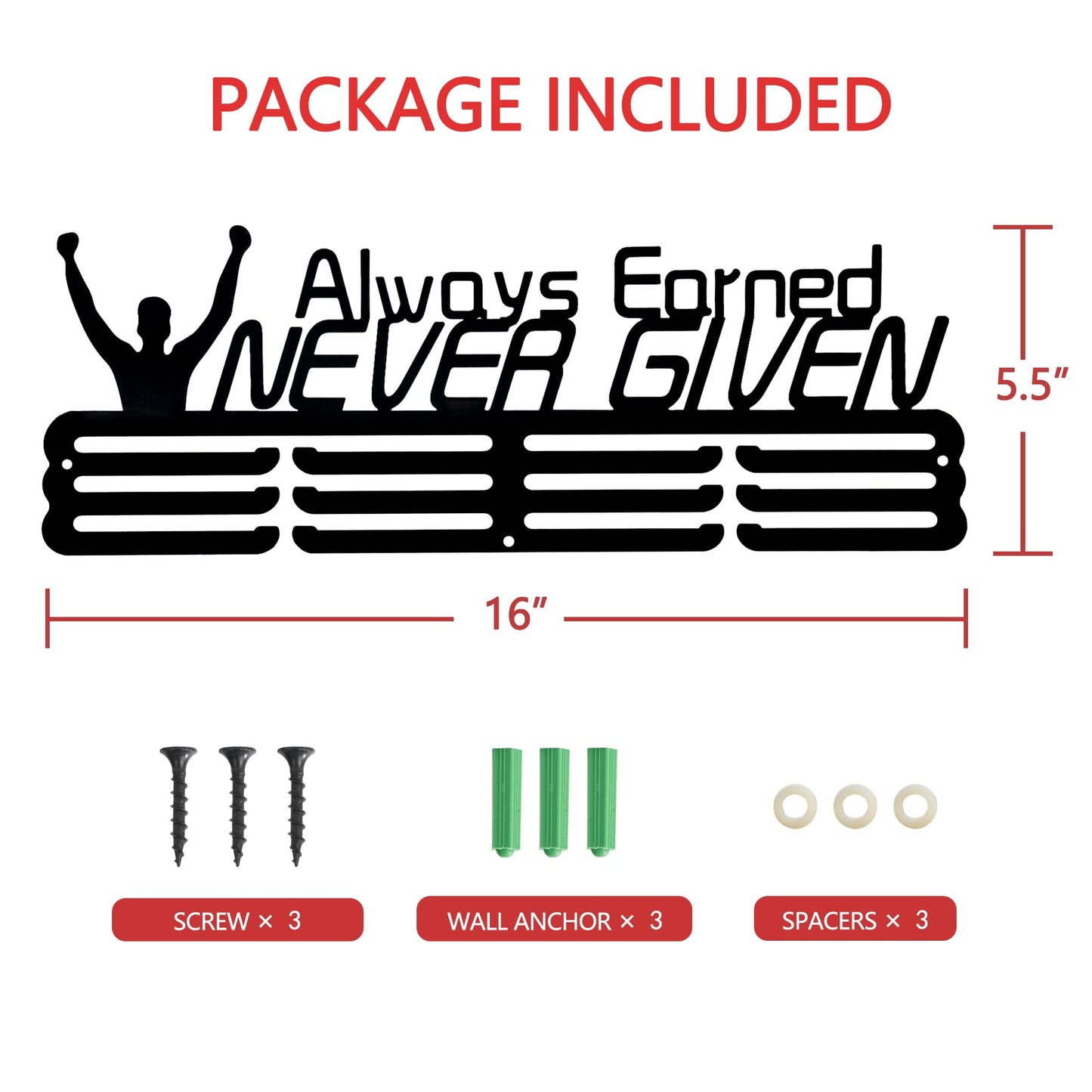 Goutoports Medal Holder Display Hanger Award Ribbin Rack for Sport Race Runner - Always Earned Never Given - Wall Mount Hold Up 60 Medal Hanger Display for Athlete Easy to Install