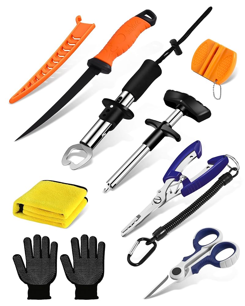 Fishing Tool Kit 9pcs: Fish Lip Gripper, Pliers, Towel & Gloves - Saltwater/Kid Safe