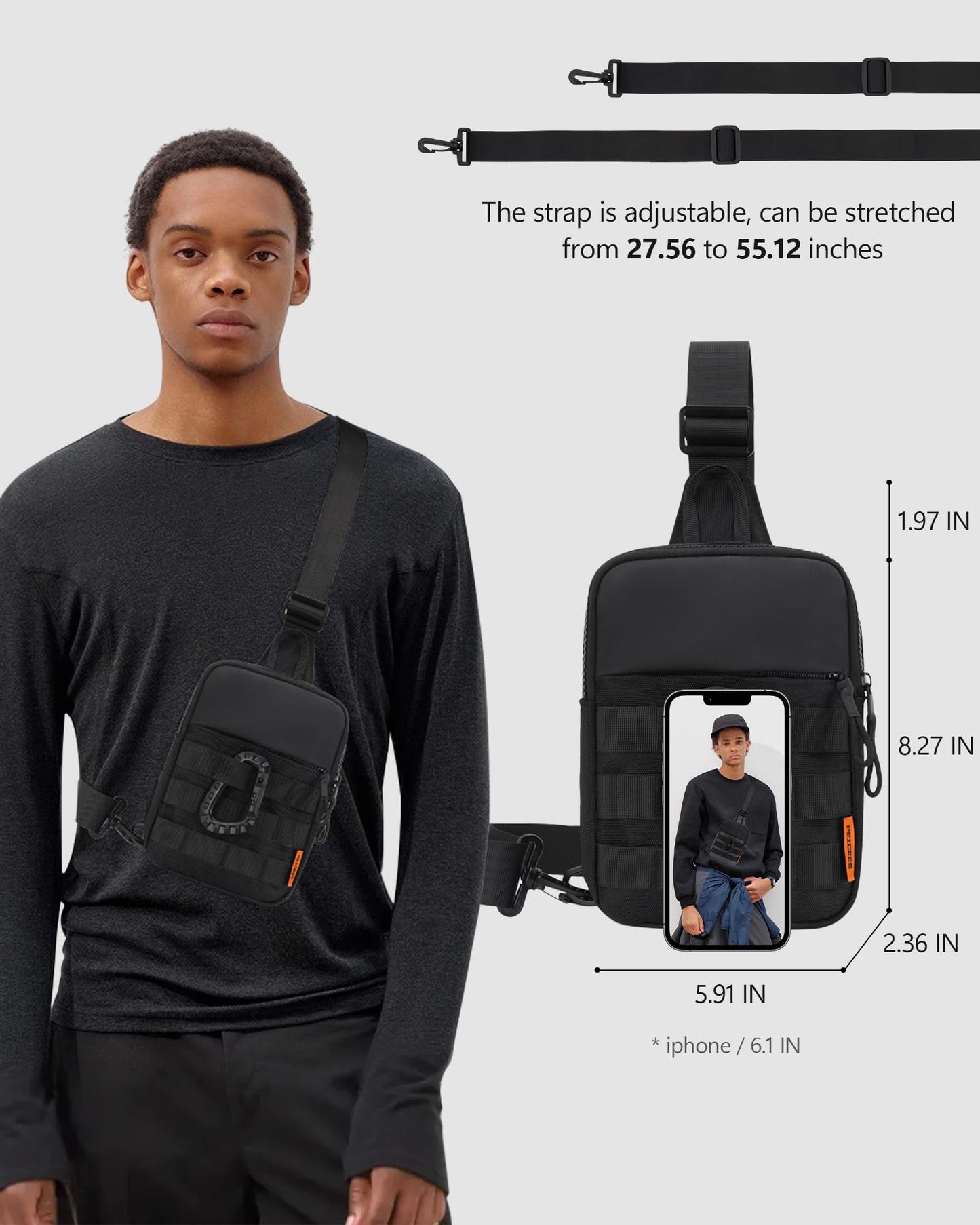 Peicees Small Anti Theft Sling Bag for Men, Tactical Inspired Waterproof EDC Mini Crossbody Chest Bag for Travel Work Sport