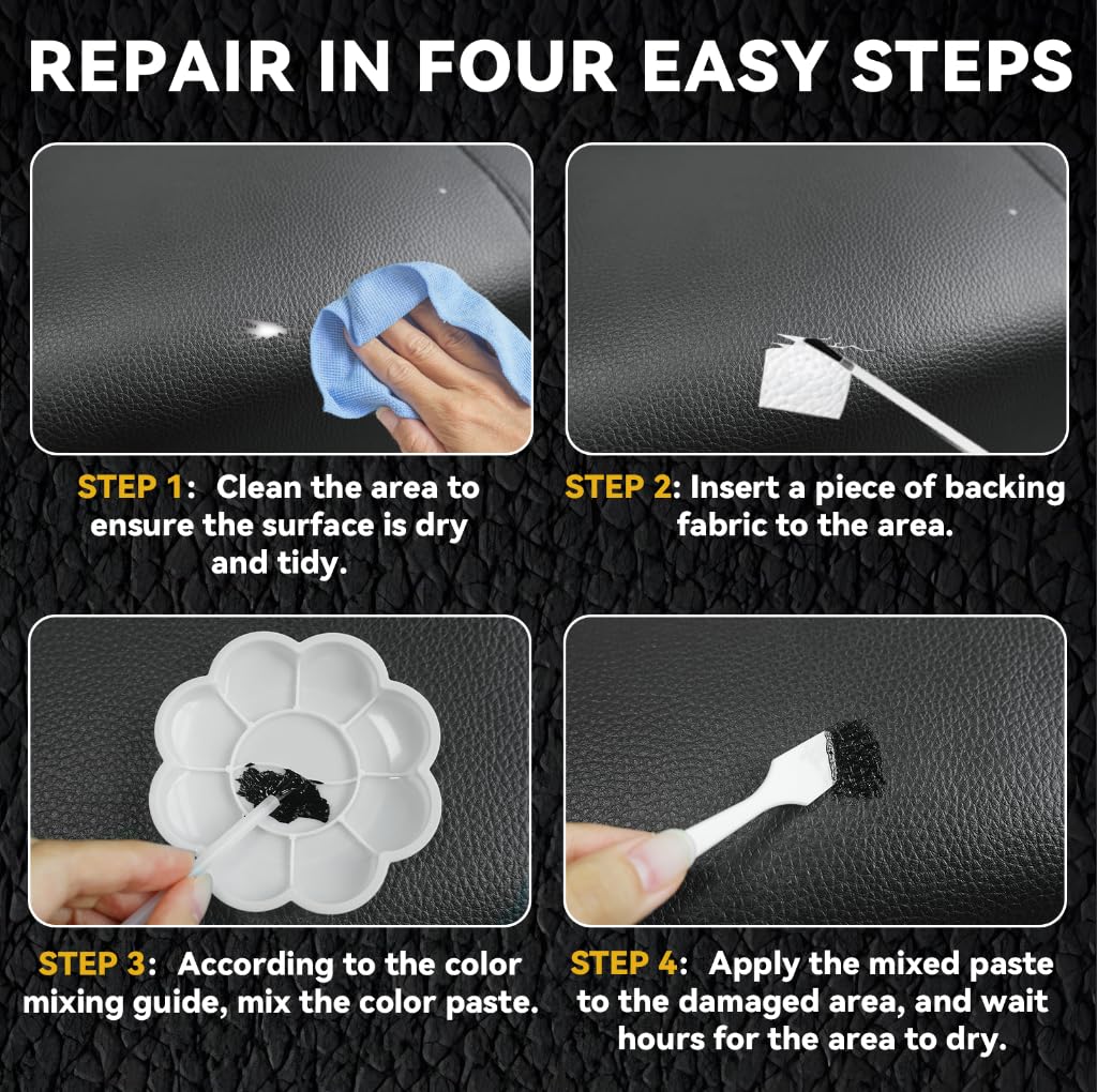 Black Leather Repair Kit for Furniture, Leather Seat Repair Kit for Cars, Easily Restore Car Interior, Sofa, Purse and Jacket, Restore Any Material with Super Easy Instructions
