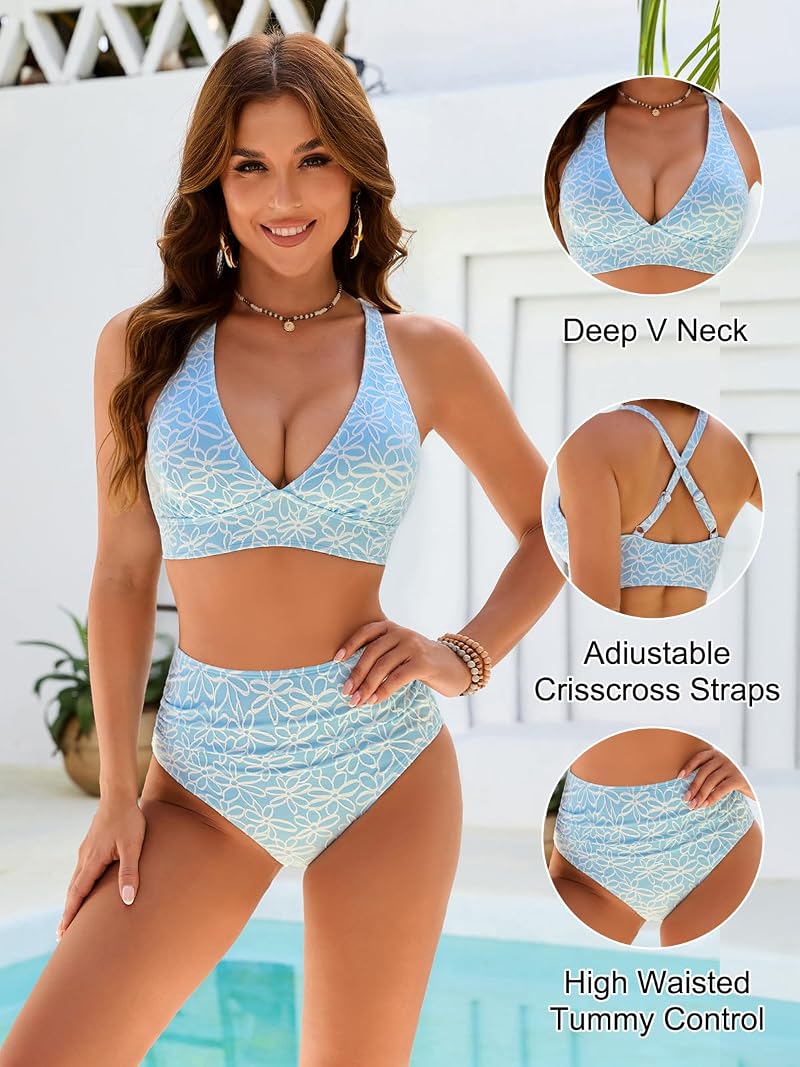 Blooming Jelly Floral High-WWaisted Bikini Set with Tummy Control - Sky Blue, Large