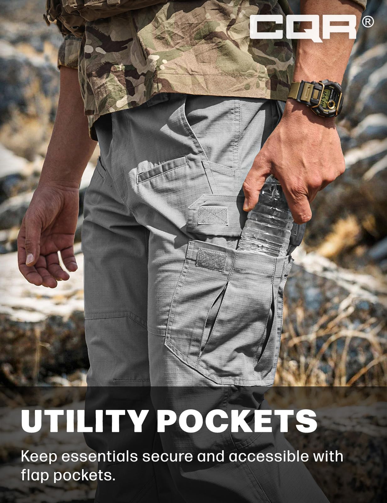 CQR Men's Tactical Pants, Water Resistant Ripstop Cargo Pants, Lightweight EDC Work Hiking Pants, Outdoor Apparel, Raider Stone, 30W x 32L