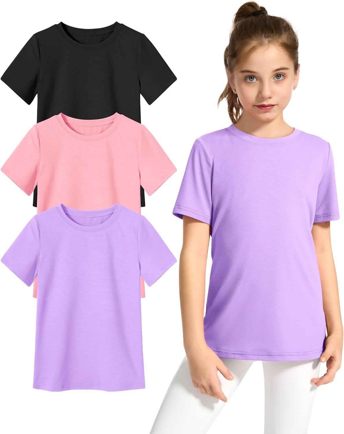 KEREDA Girls Athletic Shirts Quick Dry Short Sleeve Crew Neck T Shirts, Summer UPF 50+ Tee Tops for Teen Girls 3 Pack