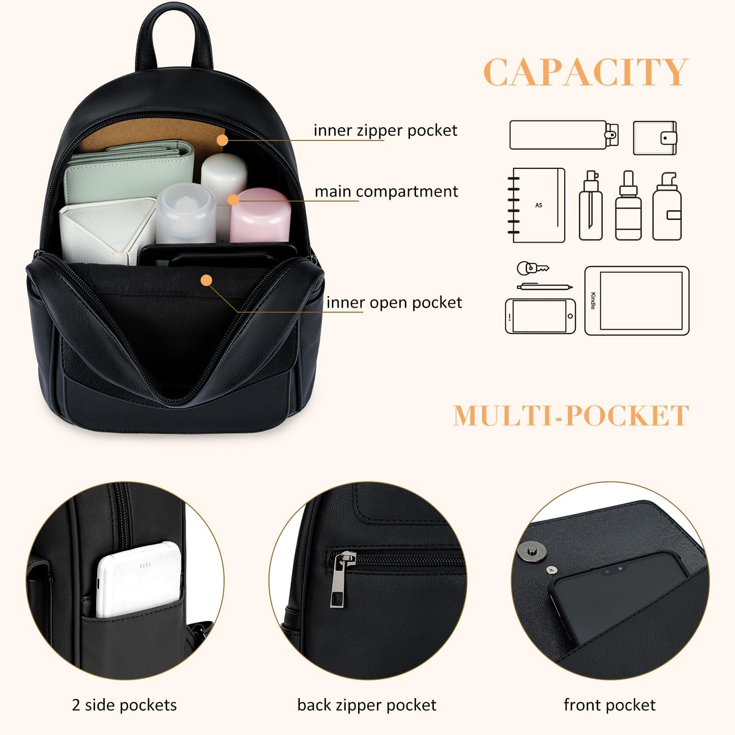 ECOSUSI Mini Backpack for Women Girls Cute Bowknot Small Backpack Purse Ladies Leather Bookbag Satchel Bag, with Charm Tassel Black