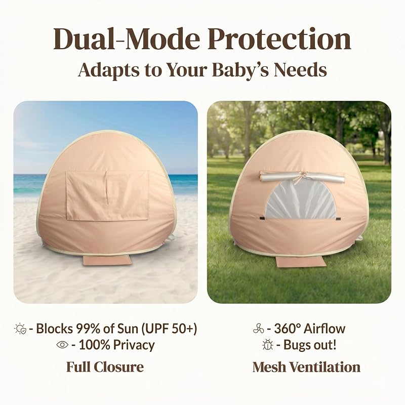 Pop Up Baby Beach Tent with UPF 50+ Sun Shield - Variation: Warm Sand