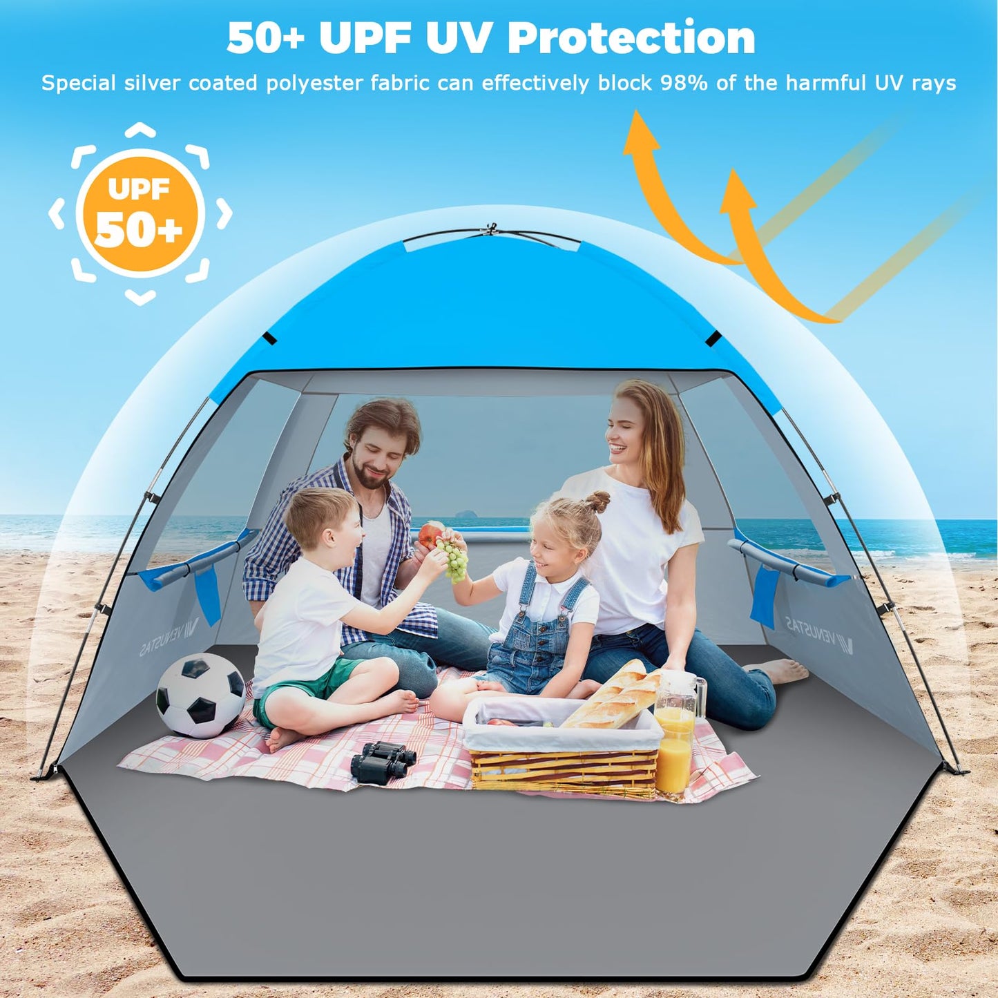 Venustas Beach Tent Sun Shelter for 3/4-5/6-7/8-10 Person, UPF 50+ UV Protection Beach Canopy, Lightweight and Easy Setup Cabana, Portable Beach Shade Tent
