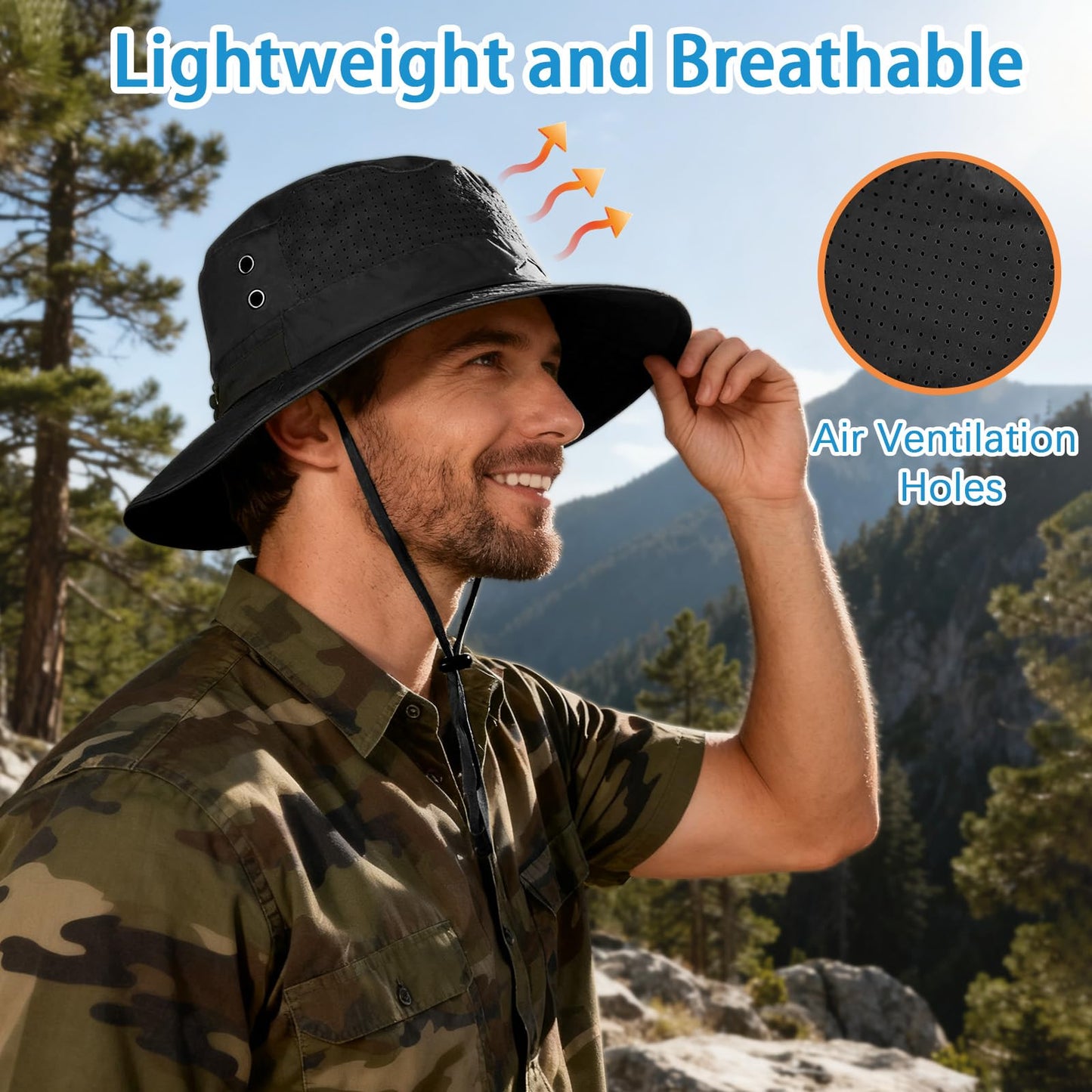 Sun Bucket Hat for Men Women Fishing Beach Safari Hats for Golf Hiking Hunting Outdoor UPF 50+ (with one Pair Cooling Sleeves-1pack-Black)