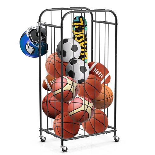 OJLUOJ Basketball Storage Rack Metal Ball Holder with Wheels, Elastic Rope Sports Equipment Organizer for Garage, Room, Home, Gym and School Rolling Sports Ball Storage Cart
