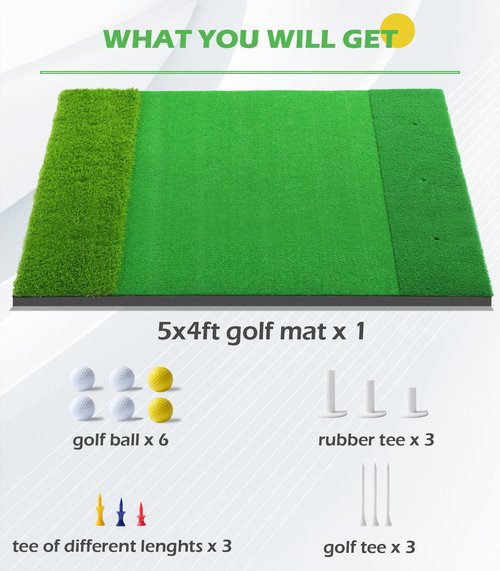 Golf Mat: 5x4ft Thickening Golf Hitting Mat for Indoor Outdoor,3-In-1 Pro Tri-Turf Practice Mat, Golf Training Aids Mat with Pro Rough Turf|Fairway Turf|Nylon Turf for More Professional Chipping Swing