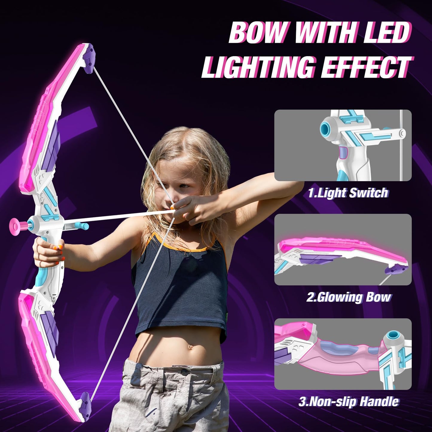HYES Bow and Arrow for Kids, LED Light Up Archery Set with 12 Suction Cup Arrows, 1 Hanging Target, 3 Score Targets & 1 Quiver, Indoor Outdoor Sport for Boys Girls Ages 4-12, Purple