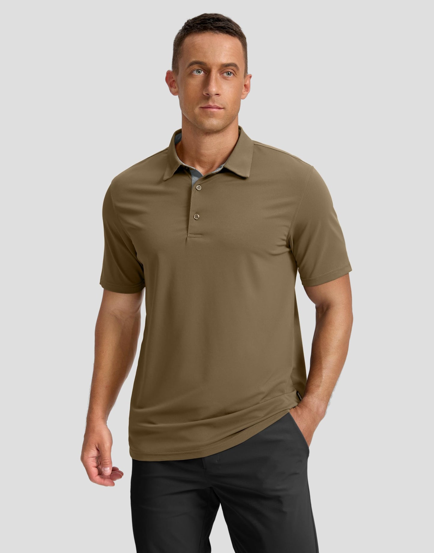 Men's Golf Shirts Dry Fit Moisture Wicking Performance Short Sleeve Collared Polo Shirts for Casual Athletic Business (Khaki, S)