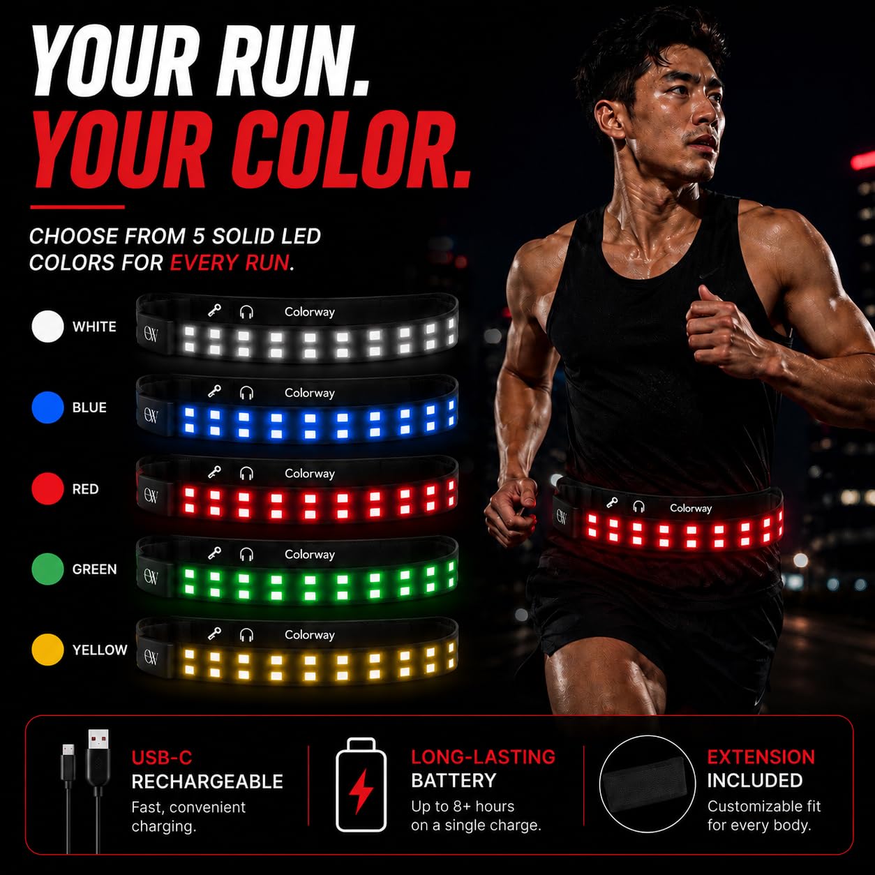 Colorway LED Running Belt - Reflective Running Gear with Removable Light Strip, 5 Bright Colors, USB Rechargeable, Adjustable Waist Pack, High Visibility, Night Safety Belts for Men and Women