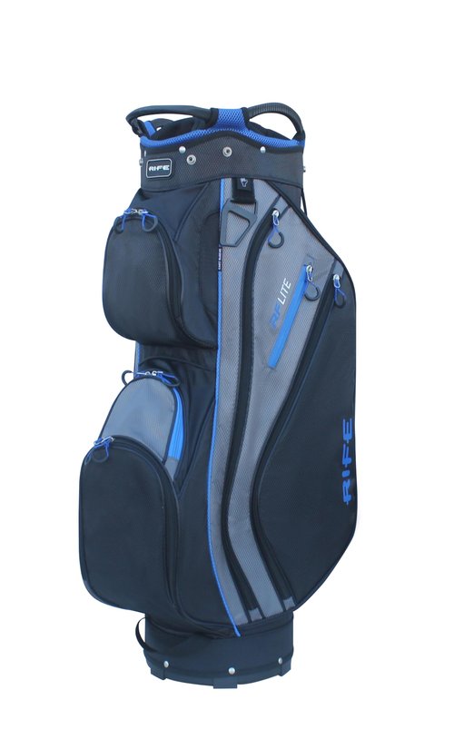 Rife Golf RF-LITE Cart Bag – 14-Way Divider Top with Putter Pit, 9.5" Lightweight Nylon Bag, 9 Zippered Pockets, Insulated Cooler Pocket, Black and Blue