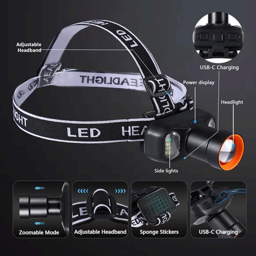 VAVOFO LED Headlamp 2400mAh Rechargeable, 2000 Lumen Bright, Zoomable, Waterproof Outdoor Headlight Flashlight with Stepless Dimming, Lightweight, Adjustable Headband, 5 Modes for Camping, Hiking
