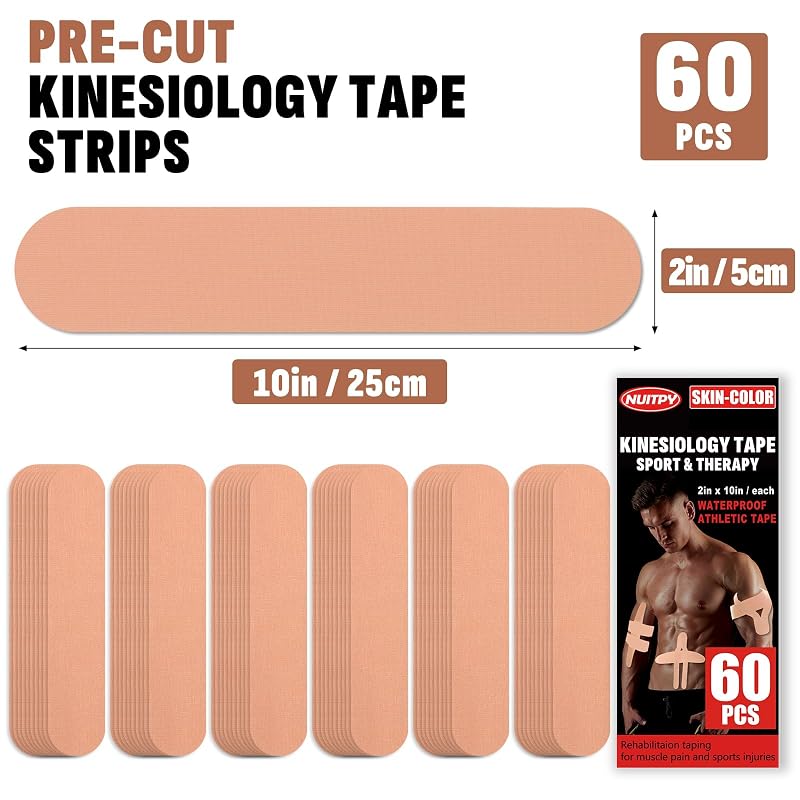 Kinesiology Tape Strips 60 Pcs Precut 2in x 10in Skin Color - Waterproof, Breathable Muscle Support