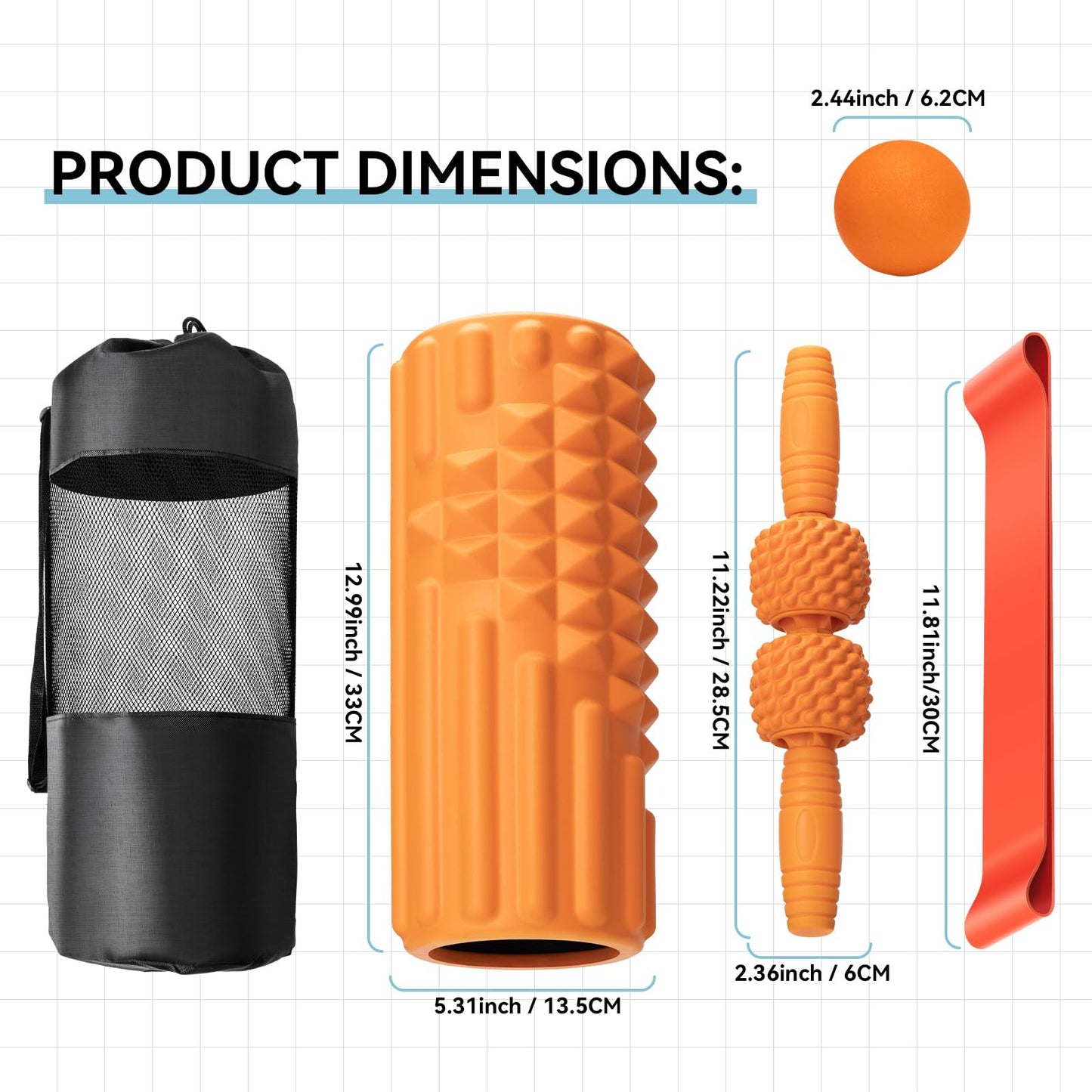 Zmarthumb 5 in 1 Foam Roller Set, High Density Fitness Exercise Foam Roller for Deep Tissue Muscle Massage, Massage Roller, Massage Ball, Resistance Band, for Whole Body(Orange)