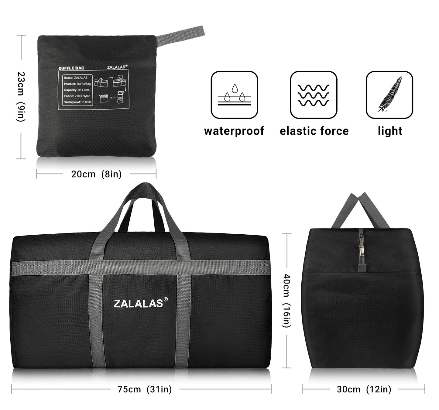 ZALALAS Foldable Duffle Bag, 96L Extra Large Travel Duffel bag Lightweight Weekender Bag for Men Women Water-proof & Tear Resistant,Black