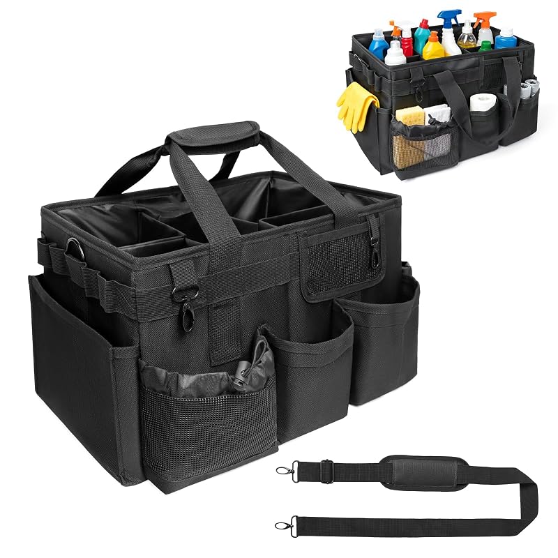 Large Cleaning Caddy Organizer with Adjustable Strap & 4 Dividers – Waterproof Nylon Tote