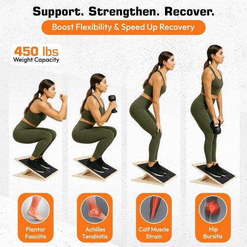 Adjustable Wooden Slant Board for Calf Stretching – Incline Wedge for Ankle,Heel,Knee & Leg Pain Relief – Squat Equipment for Physical Therapy & Home Gym-2 Extra Sand Papers,Carry Bag & Mini Loop Band