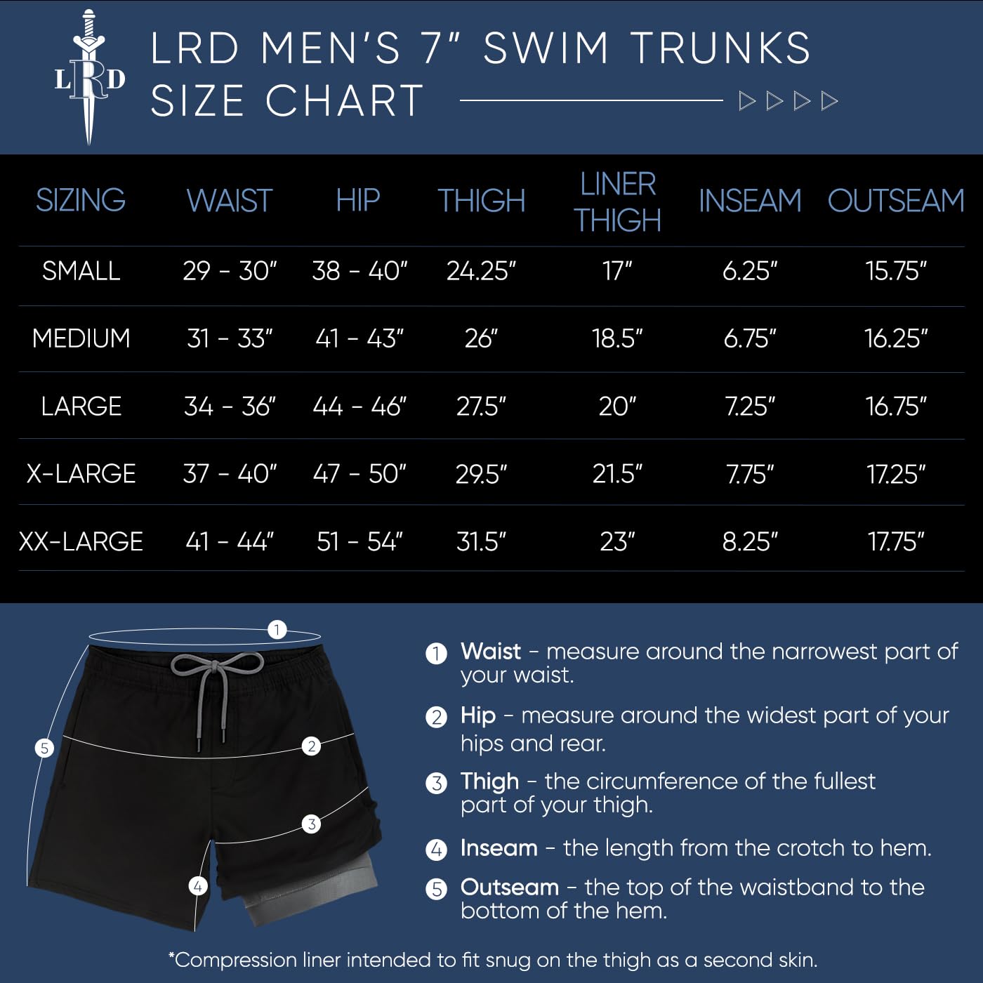LRD Mens Swim Trunks with Compression Liner 7 inch Inseam Quick Dry Swim Shorts Black/Gray - M